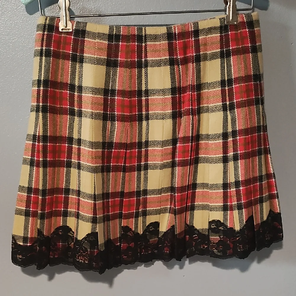 Moda International Red , Tan ,Black And White Pleated Plaid Mini Skirt